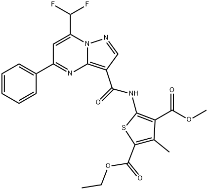 2-ethyl 4-methyl 5-({[7-(difluoromethyl)-5-phenylpyrazolo[1,5-a]pyrimidin-3-yl]carbonyl}amino)-3-methyl-2,4-thiophenedicarboxylate Struktur