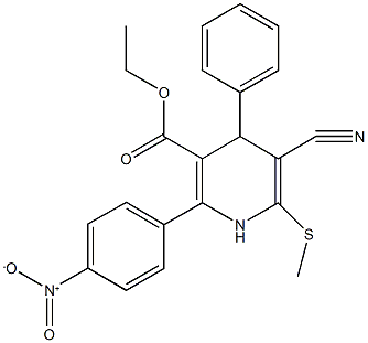 ethyl 5-cyano-2-{4-nitrophenyl}-6-(methylsulfanyl)-4-phenyl-1,4-dihydro-3-pyridinecarboxylate Struktur