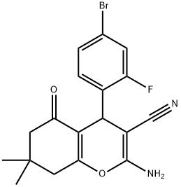 2-amino-4-(4-bromo-2-fluorophenyl)-7,7-dimethyl-5-oxo-5,6,7,8-tetrahydro-4H-chromene-3-carbonitrile Struktur