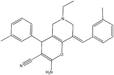 2-amino-6-ethyl-8-(3-methylbenzylidene)-4-(3-methylphenyl)-5,6,7,8-tetrahydro-4H-pyrano[3,2-c]pyridine-3-carbonitrile Struktur