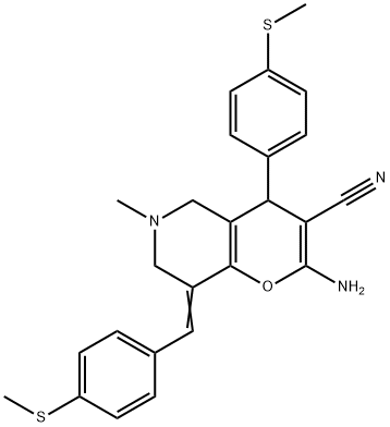 2-amino-6-methyl-8-[4-(methylsulfanyl)benzylidene]-4-[4-(methylsulfanyl)phenyl]-5,6,7,8-tetrahydro-4H-pyrano[3,2-c]pyridine-3-carbonitrile Struktur