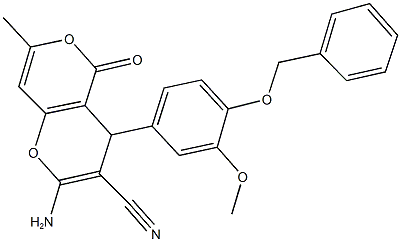 2-amino-4-[4-(benzyloxy)-3-methoxyphenyl]-7-methyl-5-oxo-4H,5H-pyrano[4,3-b]pyran-3-carbonitrile Struktur