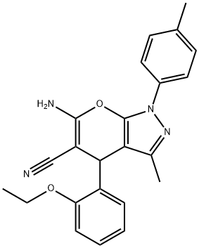 6-amino-4-[2-(ethyloxy)phenyl]-3-methyl-1-(4-methylphenyl)-1,4-dihydropyrano[2,3-c]pyrazole-5-carbonitrile Struktur