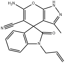 1'-allyl-6-amino-5-cyano-3-methyl-2'-oxo-1,1',3',4-tetrahydrospiro(pyrano[2,3-c]pyrazole-4,3'-[2'H]-indole) Struktur