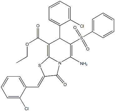 ethyl 5-amino-2-(2-chlorobenzylidene)-7-(2-chlorophenyl)-3-oxo-6-(phenylsulfonyl)-2,3-dihydro-7H-[1,3]thiazolo[3,2-a]pyridine-8-carboxylate Struktur