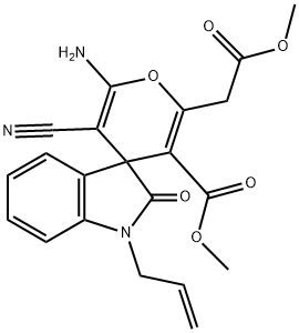 1-allyl-6'-amino-5'-cyano-1,3-dihydro-3'-methoxycarbonyl-2'-(2'-methoxy-2'-oxoethyl)-2-oxo-spiro[2H-indole-3,4'-(4'H)-pyran] Struktur