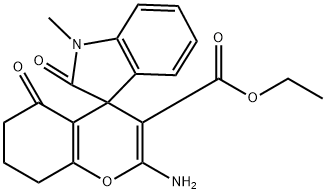 ethyl 2-amino-1'-methyl-2',5-dioxo-1',3',5,6,7,8-hexahydro-spiro[4H-chromene-4,3'-(2'H)-indole]-3-carboxylate Struktur