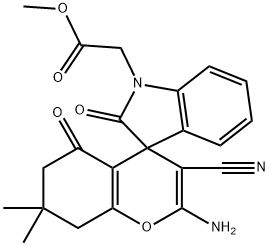 methyl (2'-amino-3'-cyano-7',7'-dimethyl-2,5'-dioxo-2,3,5',6',7',8'-hexahydrospiro[1H-indole-3,8'-(4'H)-chromene]-1-yl)acetate Struktur