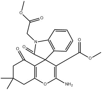 methyl 2-amino-7,7-dimethyl-1'-(2-methoxy-2-oxoethyl)-2',5-oxo-5,6,7,8-tetrahydro-spiro[4H-chromene-4,3'-(2'H)-indole]-3-carboxylate Struktur