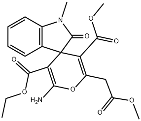 3-ethyl 5-methyl 2-amino-1',3'-dihydro-6-(2-methoxy-2-oxoethyl)-1'-methyl-2'-oxospiro[4H-pyran-4,3-(2'H)-indole]-3,5-dicarboxylate Struktur