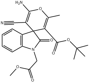 methyl (6'-amino-5'-cyano-2-oxo-2,3-dihydro-3'-tert-butoxycarbonyl-2'-methylspiro[1H-indole-3,4'-(4'H)-pyran]-1-yl)acetate Struktur