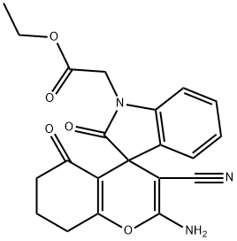 ethyl (2'-amino-3'-cyano-2,5'dioxo-2,3,5',6',7',8'-hexahydrospiro[1H-indole-3,8'-(4'H)-chromene]-1-yl)acetate Struktur