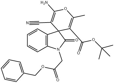 benzyl (3'-[(tert-butoxy)carbonyl]-6'-amino-5'-cyano-2,3-dihydro-2'-methyl-2-oxo-[1H-indole-3,4'-(4'H)-pyran]-1-yl)acetate Struktur