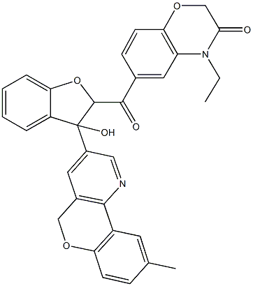 4-ethyl-6-{[3-hydroxy-3-(9-methyl-5H-chromeno[4,3-b]pyridin-3-yl)-2,3-dihydro-1-benzofuran-2-yl]carbonyl}-2H-1,4-benzoxazin-3(4H)-one Struktur