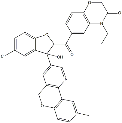 6-{[5-chloro-3-hydroxy-3-(9-methyl-5H-chromeno[4,3-b]pyridin-3-yl)-2,3-dihydro-1-benzofuran-2-yl]carbonyl}-4-ethyl-2H-1,4-benzoxazin-3(4H)-one Struktur