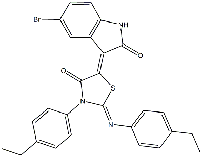 5-bromo-3-{3-(4-ethylphenyl)-2-[(4-ethylphenyl)imino]-4-oxo-1,3-thiazolidin-5-ylidene}-1,3-dihydro-2H-indol-2-one Struktur