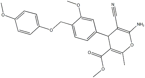 methyl 6-amino-5-cyano-4-{3-methoxy-4-[(4-methoxyphenoxy)methyl]phenyl}-2-methyl-4H-pyran-3-carboxylate Struktur