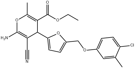 ethyl 6-amino-4-{5-[(4-chloro-3-methylphenoxy)methyl]-2-furyl}-5-cyano-2-methyl-4H-pyran-3-carboxylate Struktur