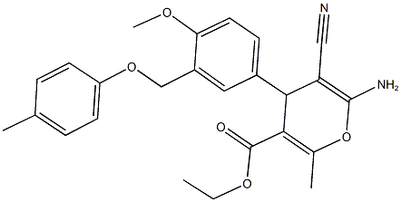 ethyl 6-amino-5-cyano-4-{4-methoxy-3-[(4-methylphenoxy)methyl]phenyl}-2-methyl-4H-pyran-3-carboxylate Struktur