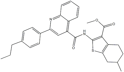 methyl 6-methyl-2-({[2-(4-propylphenyl)-4-quinolinyl]carbonyl}amino)-4,5,6,7-tetrahydro-1-benzothiophene-3-carboxylate Struktur