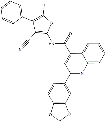 2-(1,3-benzodioxol-5-yl)-N-(3-cyano-5-methyl-4-phenyl-2-thienyl)-4-quinolinecarboxamide Struktur