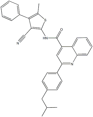 N-(3-cyano-5-methyl-4-phenyl-2-thienyl)-2-(4-isobutylphenyl)-4-quinolinecarboxamide Struktur