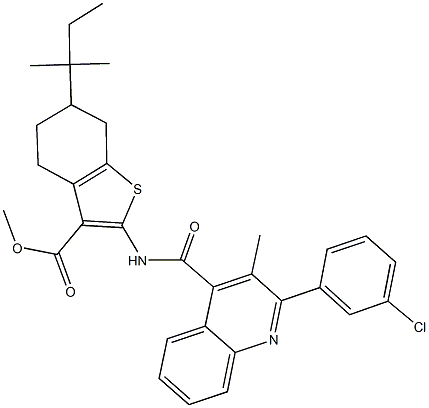 methyl 2-({[2-(3-chlorophenyl)-3-methyl-4-quinolinyl]carbonyl}amino)-6-tert-pentyl-4,5,6,7-tetrahydro-1-benzothiophene-3-carboxylate Struktur