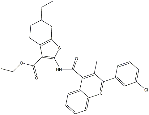 ethyl 2-({[2-(3-chlorophenyl)-3-methyl-4-quinolinyl]carbonyl}amino)-6-ethyl-4,5,6,7-tetrahydro-1-benzothiophene-3-carboxylate Struktur