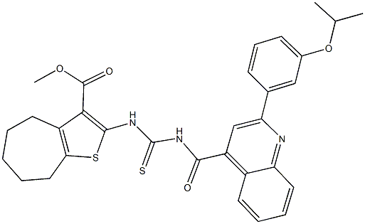 methyl 2-{[({[2-(3-isopropoxyphenyl)-4-quinolinyl]carbonyl}amino)carbothioyl]amino}-5,6,7,8-tetrahydro-4H-cyclohepta[b]thiophene-3-carboxylate Struktur