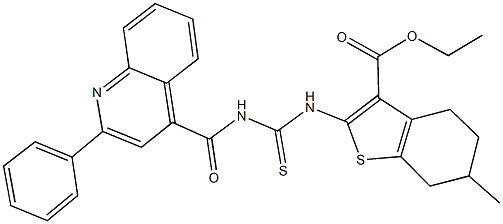 ethyl 6-methyl-2-[({[(2-phenyl-4-quinolinyl)carbonyl]amino}carbothioyl)amino]-4,5,6,7-tetrahydro-1-benzothiophene-3-carboxylate Struktur