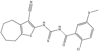 N-[2-chloro-5-(methylsulfanyl)benzoyl]-N'-(3-cyano-5,6,7,8-tetrahydro-4H-cyclohepta[b]thien-2-yl)thiourea Struktur