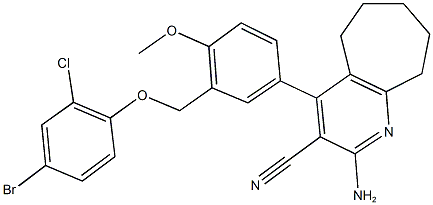 2-amino-4-{3-[(4-bromo-2-chlorophenoxy)methyl]-4-methoxyphenyl}-6,7,8,9-tetrahydro-5H-cyclohepta[b]pyridine-3-carbonitrile Struktur