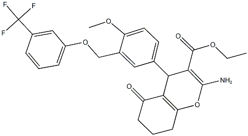 ethyl 2-amino-4-(4-methoxy-3-{[3-(trifluoromethyl)phenoxy]methyl}phenyl)-5-oxo-5,6,7,8-tetrahydro-4H-chromene-3-carboxylate Struktur