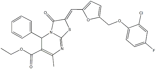 ethyl 2-({5-[(2-chloro-4-fluorophenoxy)methyl]-2-furyl}methylene)-7-methyl-3-oxo-5-phenyl-2,3-dihydro-5H-[1,3]thiazolo[3,2-a]pyrimidine-6-carboxylate Struktur