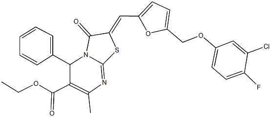 ethyl 2-({5-[(3-chloro-4-fluorophenoxy)methyl]-2-furyl}methylene)-7-methyl-3-oxo-5-phenyl-2,3-dihydro-5H-[1,3]thiazolo[3,2-a]pyrimidine-6-carboxylate Struktur