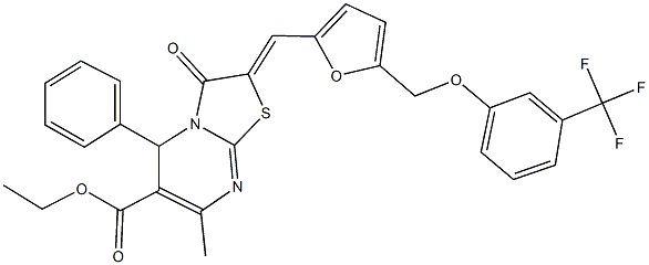 ethyl 7-methyl-3-oxo-5-phenyl-2-[(5-{[3-(trifluoromethyl)phenoxy]methyl}-2-furyl)methylene]-2,3-dihydro-5H-[1,3]thiazolo[3,2-a]pyrimidine-6-carboxylate Struktur