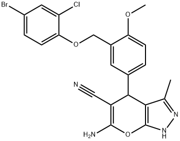 6-amino-4-{3-[(4-bromo-2-chlorophenoxy)methyl]-4-methoxyphenyl}-3-methyl-1,4-dihydropyrano[2,3-c]pyrazole-5-carbonitrile Struktur