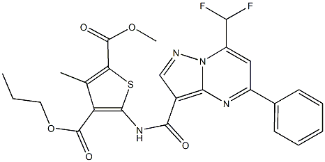 2-methyl 4-propyl 5-({[7-(difluoromethyl)-5-phenylpyrazolo[1,5-a]pyrimidin-3-yl]carbonyl}amino)-3-methyl-2,4-thiophenedicarboxylate Struktur