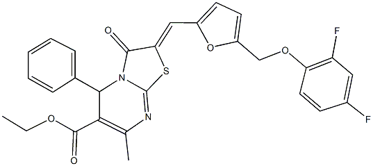 ethyl 2-({5-[(2,4-difluorophenoxy)methyl]-2-furyl}methylene)-7-methyl-3-oxo-5-phenyl-2,3-dihydro-5H-[1,3]thiazolo[3,2-a]pyrimidine-6-carboxylate Struktur