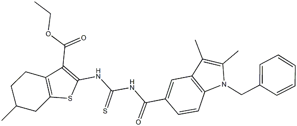 ethyl 2-[({[(1-benzyl-2,3-dimethyl-1H-indol-5-yl)carbonyl]amino}carbothioyl)amino]-6-methyl-4,5,6,7-tetrahydro-1-benzothiophene-3-carboxylate Struktur