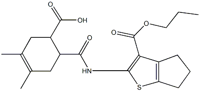 3,4-dimethyl-6-({[3-(propoxycarbonyl)-5,6-dihydro-4H-cyclopenta[b]thien-2-yl]amino}carbonyl)-3-cyclohexene-1-carboxylic acid Struktur