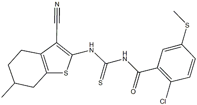 N-[2-chloro-5-(methylsulfanyl)benzoyl]-N'-(3-cyano-6-methyl-4,5,6,7-tetrahydro-1-benzothien-2-yl)thiourea Struktur