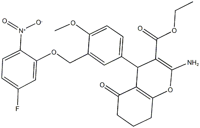 ethyl 2-amino-4-[3-({5-fluoro-2-nitrophenoxy}methyl)-4-methoxyphenyl]-5-oxo-5,6,7,8-tetrahydro-4H-chromene-3-carboxylate Struktur