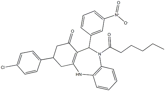 3-(4-chlorophenyl)-10-hexanoyl-11-{3-nitrophenyl}-2,3,4,5,10,11-hexahydro-1H-dibenzo[b,e][1,4]diazepin-1-one Struktur