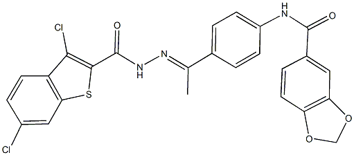 N-(4-{N-[(3,6-dichloro-1-benzothien-2-yl)carbonyl]ethanehydrazonoyl}phenyl)-1,3-benzodioxole-5-carboxamide Struktur