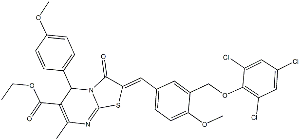 ethyl 5-(4-methoxyphenyl)-2-{4-methoxy-3-[(2,4,6-trichlorophenoxy)methyl]benzylidene}-7-methyl-3-oxo-2,3-dihydro-5H-[1,3]thiazolo[3,2-a]pyrimidine-6-carboxylate Struktur