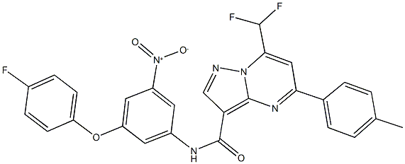 7-(difluoromethyl)-N-{3-(4-fluorophenoxy)-5-nitrophenyl}-5-(4-methylphenyl)pyrazolo[1,5-a]pyrimidine-3-carboxamide Struktur