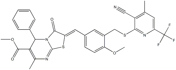 methyl 2-[3-({[3-cyano-4-methyl-6-(trifluoromethyl)-2-pyridinyl]sulfanyl}methyl)-4-methoxybenzylidene]-7-methyl-3-oxo-5-phenyl-2,3-dihydro-5H-[1,3]thiazolo[3,2-a]pyrimidine-6-carboxylate Struktur