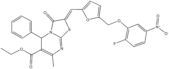 ethyl 2-{[5-({2-fluoro-5-nitrophenoxy}methyl)-2-furyl]methylene}-7-methyl-3-oxo-5-phenyl-2,3-dihydro-5H-[1,3]thiazolo[3,2-a]pyrimidine-6-carboxylate Struktur