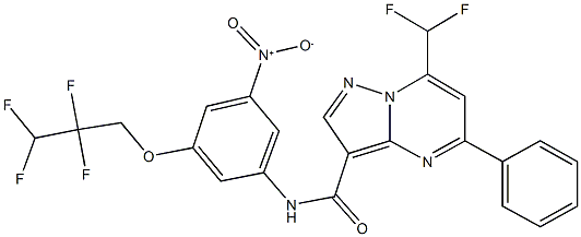 7-(difluoromethyl)-N-[3-nitro-5-(2,2,3,3-tetrafluoropropoxy)phenyl]-5-phenylpyrazolo[1,5-a]pyrimidine-3-carboxamide Struktur